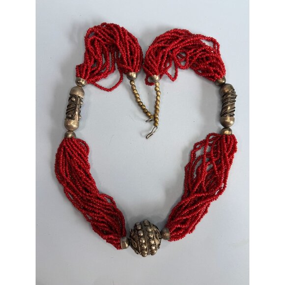 Vintage 1960s Tribal Red Coral Seed Beaded MultiStrand Necklace Oxidized Silver - Picture 1 of 8